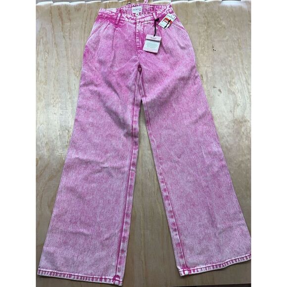 Avec Les Filles Pleated Trouser Denim High Rise 24 Pink Acid Wash - Picture 1 of 4